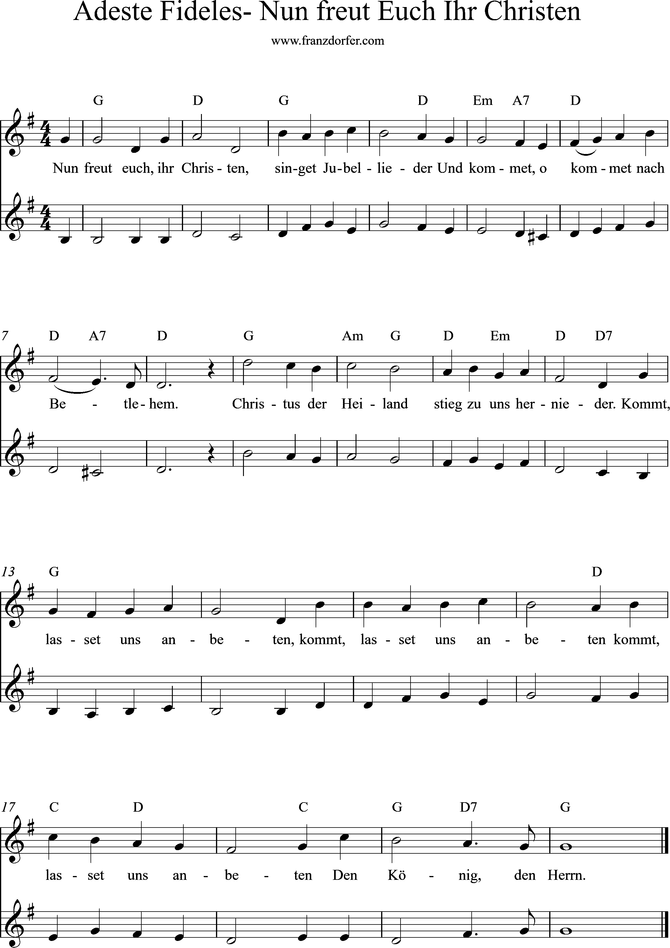 Trompetennoten, Adeste fideles, G-Dur